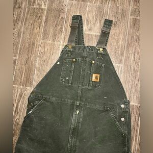 VTG Carhartt Double Knee Duck Canvas Bib Overalls R06 MOS Mens 42x32 Green
